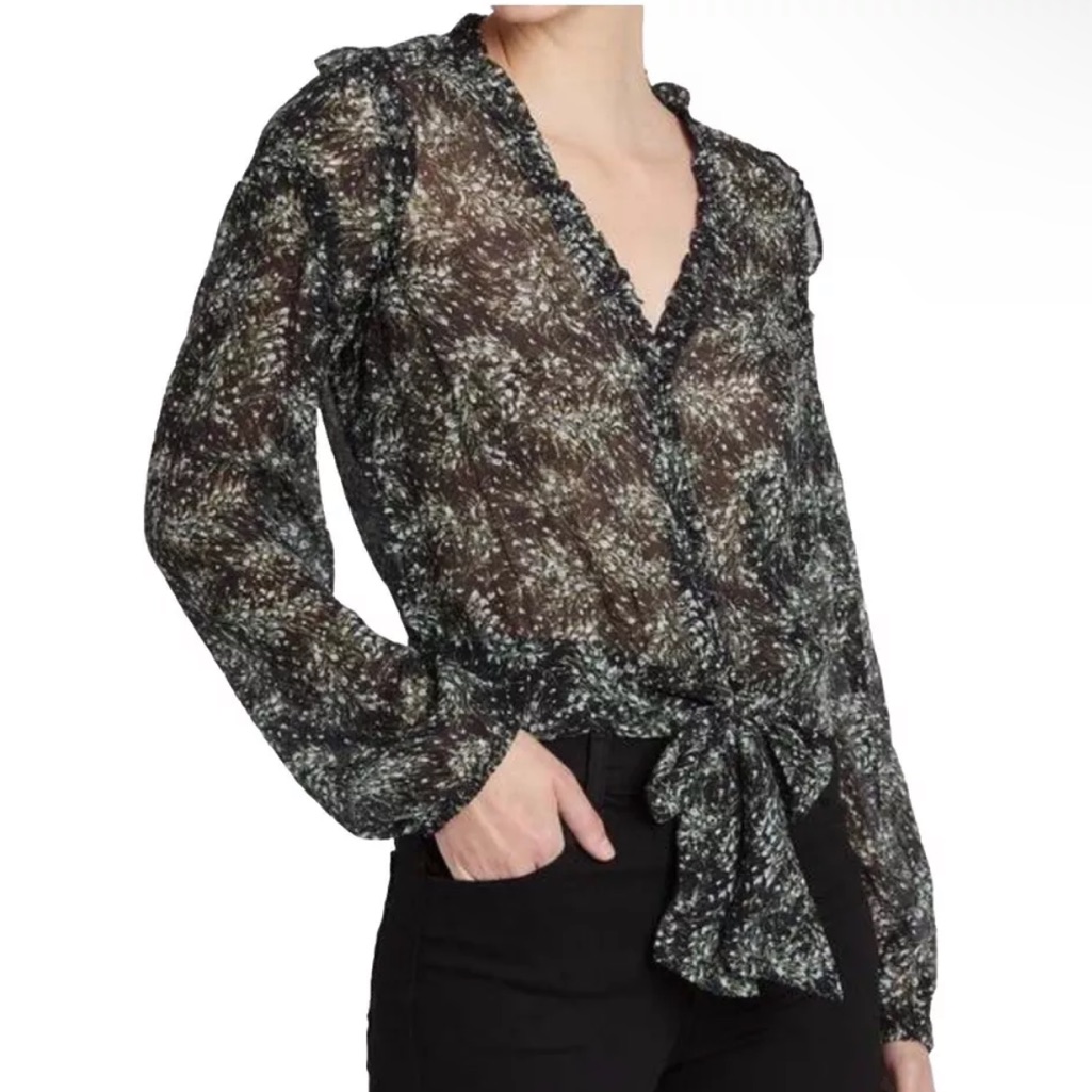 Paige Top Tulia Deep V Neck Tie Waist Silk Blouse